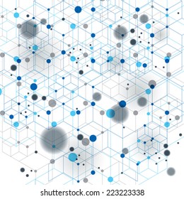 Geometric vector abstract 3D complicated op art backdrop, eps10 internet tech illustration, best for web and graphic design. Transparent covering with overlay geometric figures, connected dots.