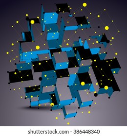 Geometric vector abstract 3D complicated lattice object, blue asymmetric element with wireframe cube structure and connected yellow lines.