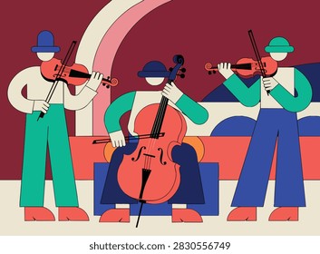Geometric vector art of musicians playing violin and cello in a trio