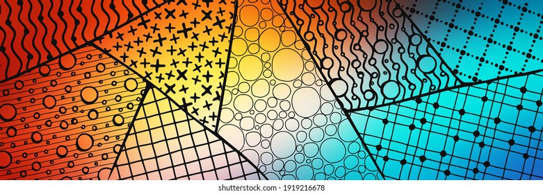 Geometric vector background, banner. Abstract shapes, different textures. Hand drawn.
