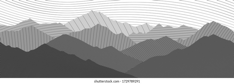 Geometric vector background, banner. Imitation of mountain ranges, shades of gray, line structure. 