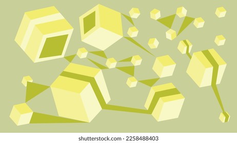 Geometric vector background. A cube with different tilt. Triangles. Shades of yellow, shading. Cubes connected by a ribbon. Vector wallpaper, cube, triangle, minimalistic, geometric.
