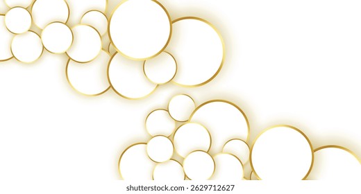 Plano de fundo vetorial geométrico apresentando elementos brancos com quadros dourados. Fundo geométrico de luxo com estruturas brancas delineadas douradas.	