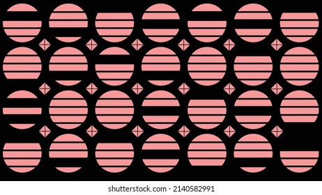 Geometric vector background. Horizontally divided circles with missing parts. The space between the circles is complemented by cross-divided squares. The background behind the objects is in black.