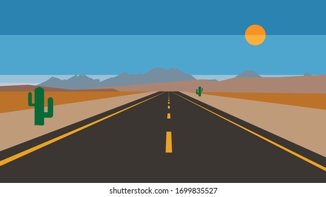 Geometric vector background landscape with empty highway  and mountains