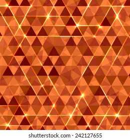 Geometric vector background with polygonal ornament and glitters over triangles. Orange abstract technology pattern concept for banner design