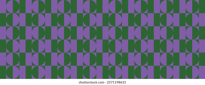 Geometric vector background with a purple and green color scheme. The background with a repetitive circular pattern with purple and green hues. Green retro geometric pattern banner background vector.