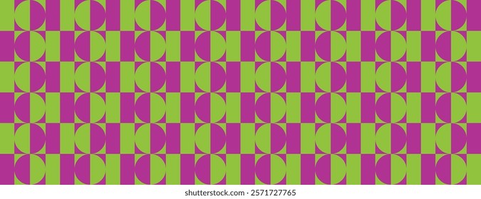 Geometric vector background with vibrant pink and green colors. The background features repetitive circular pattern with pink and green hues.