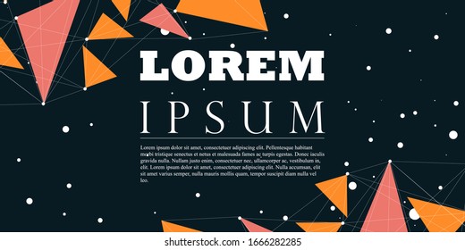 Geometric vector banner illustration. Triangle in light red, orange colors and dark background with white circles. Design template for business. Stock vector illustration.