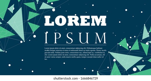 Geometric vector banner illustration. Triangle in light green, green colors and dark background with white circles. Design template for business. Stock vector illustration.