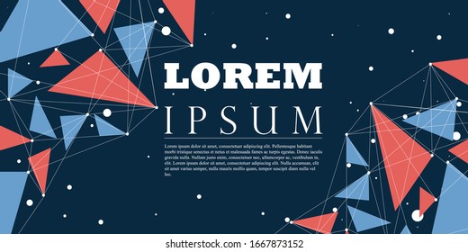 Ilustración de banner vector geométrico. Triángulo en color rojo claro, azul y fondo oscuro con círculos blancos. Plantilla de diseño para empresas. Ilustración vectorial de material.