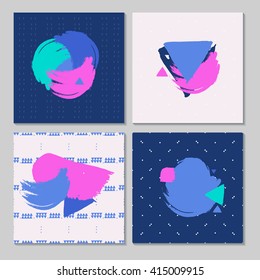 Geometric Vector Cards Set with Hand Drawn Brush Textures in vector . Summer design invitation  background .