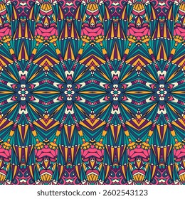 Geometric vector carpet design. Ethnic vintage Boho theme indian psychedelic print. Geometric doodle art ethnic seamless design tiled seamless pattern.