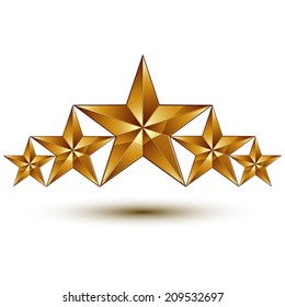 Geometric vector classic golden element isolated on white backdrop, dimensional decorative stars, shaped blazon.
