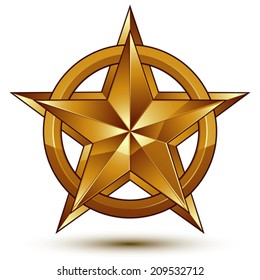 Geometric vector classic golden element isolated on white backdrop, dimensional decorative star shaped blazon.