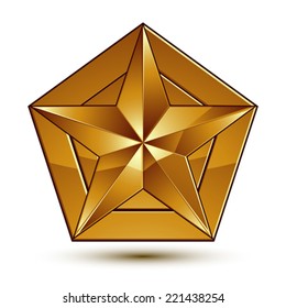 Geometric vector classic golden element isolated on white backdrop, dimensional decorative star shaped blazon.