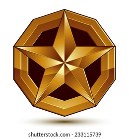 Geometric vector classic golden element isolated on white backdrop, dimensional decorative star shaped blazon.