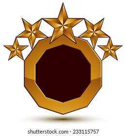 Geometric vector classic golden element isolated on white backdrop, dimensional decorative stars, shaped blazon.