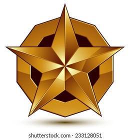 Geometric vector classic golden element isolated on white backdrop, dimensional decorative star shaped blazon.