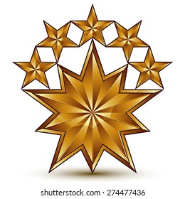 Geometric vector classic golden element isolated on white backdrop, 3d decorative pentagonal stars, shaped blazon.