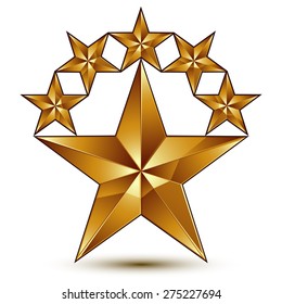 Geometric vector classic golden element isolated on white backdrop, 3d decorative pentagonal stars, shaped blazon.