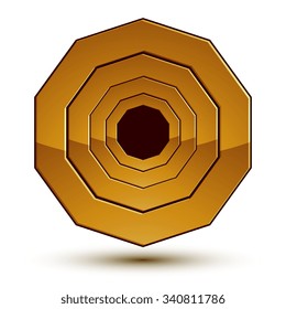 Geometric vector classic golden element isolated on white backdrop, three-dimensional decorative insignia, shaped blazon.