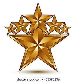 Geometric vector classic golden element isolated on white backdrop, 3d decorative stars, shaped blazon.