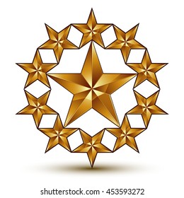 Geometric vector classic rounded golden element isolated on white backdrop, 3d decorative pentagonal stars, shaped blazon.