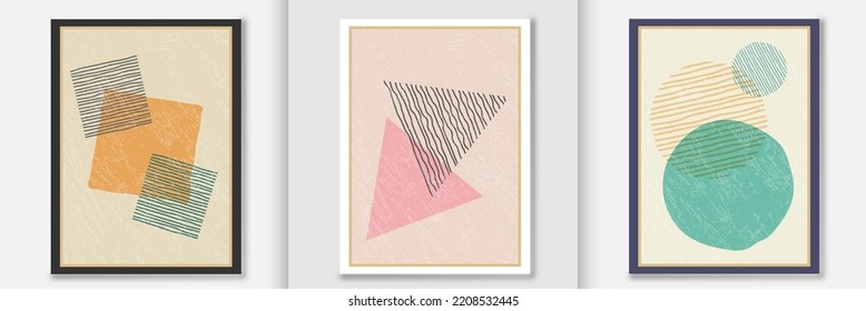 Geometric vector composition with a grunge texture. Wall drawing, poster, painting, poster or print in a minimalist style with colored geometric shapes. Flat design