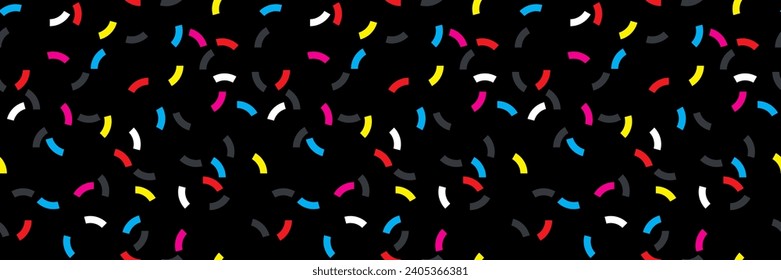 Geometric vector  confetti seamless pattern. Abstract vivid colorful holiday repeat backdrop. Bright basic colors, black backdrop. Scattered vibrant geometric shape elements spaced out surface design