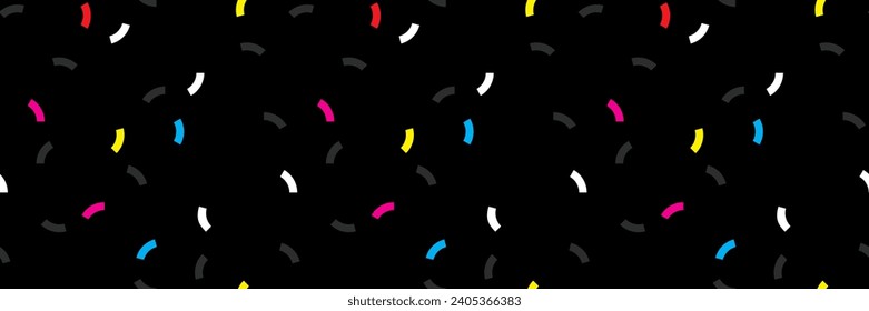 Geometric vector  confetti seamless pattern. Abstract vivid colorful holiday repeat backdrop. Bright basic colors, black backdrop. Scattered vibrant geometric shape elements spaced out surface design
