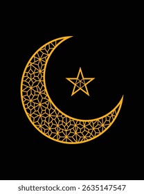Geometric Vetor Crescent Lua e desenho de estrelas sobre fundo preto, símbolo islâmico