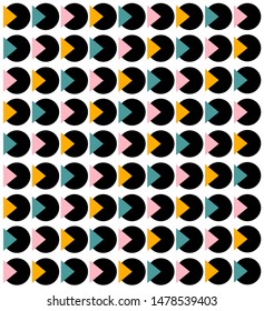 Geometric vector design. Black circles with a different color triangle on top aligned to its left side. Resembles retro computer games.