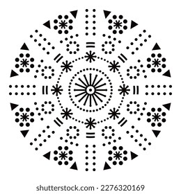 Diseño vectorial geométrico con puntos, flores, triángulos, decoración redonda en blanco y negro - yoga, zen, concepto de atención. Ornamento tradicional, fondo simétrico monocromo - perfecto para tarjeta de saludo 