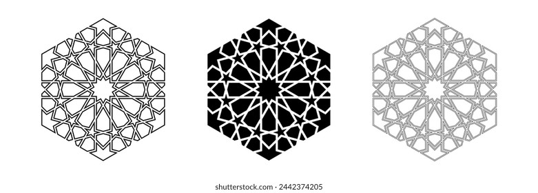 Geometric vector design element icons set. Outline and black silhouette isolated shapes. Islamic arabic style logo and decoration collection