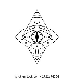 Geometric vector design line art mystic eye tattoo. Boho providence sight witchcraft symbol in rhombus shape. Evil eye amulet ornament. Esoteric sign. Mystical sacred geometry spirituality, occultism.