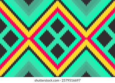 Geometric vector fabric pattern, Egus pattern with a striking green color contrasted with yellow, pink, oriental style. Created for wallpapers, background images, curtain, carpet, glass pattern 