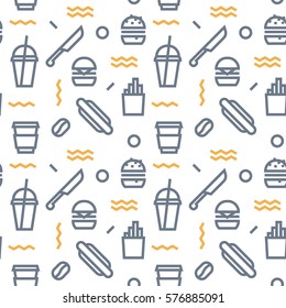 Geometric Vector fast food pattern with colors dark grey and orange. Form a triangle, a line, a circle. Hipster fashion. Memphis style.