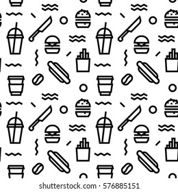 Geometric Vector Fast Food Pattern With Black And White. Form A Triangle, A Line, A Circle. Hipster Fashion. Memphis Style.