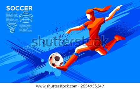 Geometric Vector of Female Soccer Player in Action with kicking, running, dribbling, Abstract Brush Background  Minimalist Sports IllustrationIllustration
