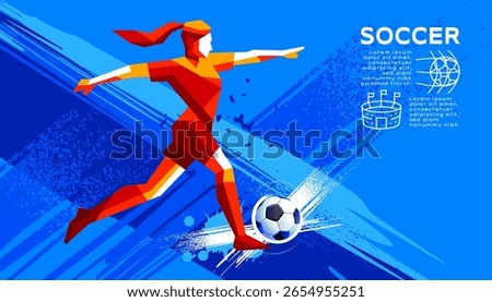 Geometric Vector of Female Soccer Player in Action with kicking, running, dribbling, Abstract Brush Background  Minimalist Sports IllustrationIllustration