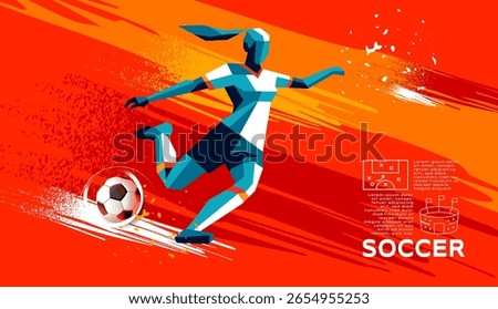 Geometric Vector of Female Soccer Player in Action with kicking, running, dribbling, Abstract Brush Background  Minimalist Sports IllustrationIllustration