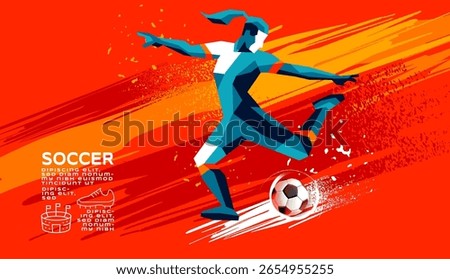 Geometric Vector of Female Soccer Player in Action with kicking, running, dribbling, Abstract Brush Background  Minimalist Sports IllustrationIllustration