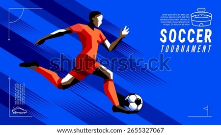 Geometric Vector of Female Soccer Player in Action with kicking, running, dribbling,Abstract Brush Background Sports