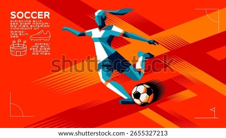Geometric Vector of Female Soccer Player in Action with kicking, running, dribbling,Abstract Brush Background Sports