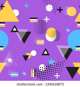 Geometric Vector Flat Illustration Purple Background. Blue Stars Circles Reticulated Gradient Triangle Point Plus and Equal. Figures Scattered on Table Different Sizes Color Different Forms Pattern.