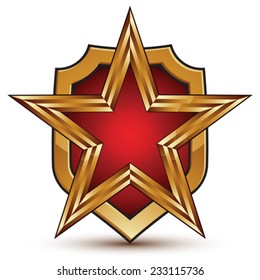 Geometric vector glamorous golden conceptual element isolated on white backdrop, 3d polished star shaped blazon with a shield. Refined branded symbol.