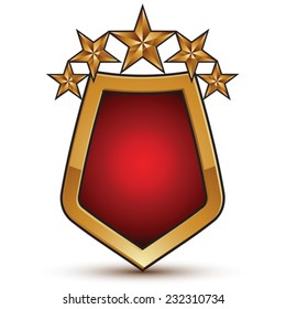Geometric vector glamorous golden element isolated on white backdrop, 3d polished shield shaped blazon with red filling. Five stars branded symbol.