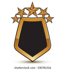 Geometric vector glamorous golden element isolated on white backdrop, 3d polished shield shaped blazon with black filling. Five stars branded symbol.