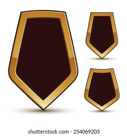 Geometric vector glamorous shield shape elements with golden outline isolated on white backdrop, 3d polished blazon set. Sophisticated three branded symbols.